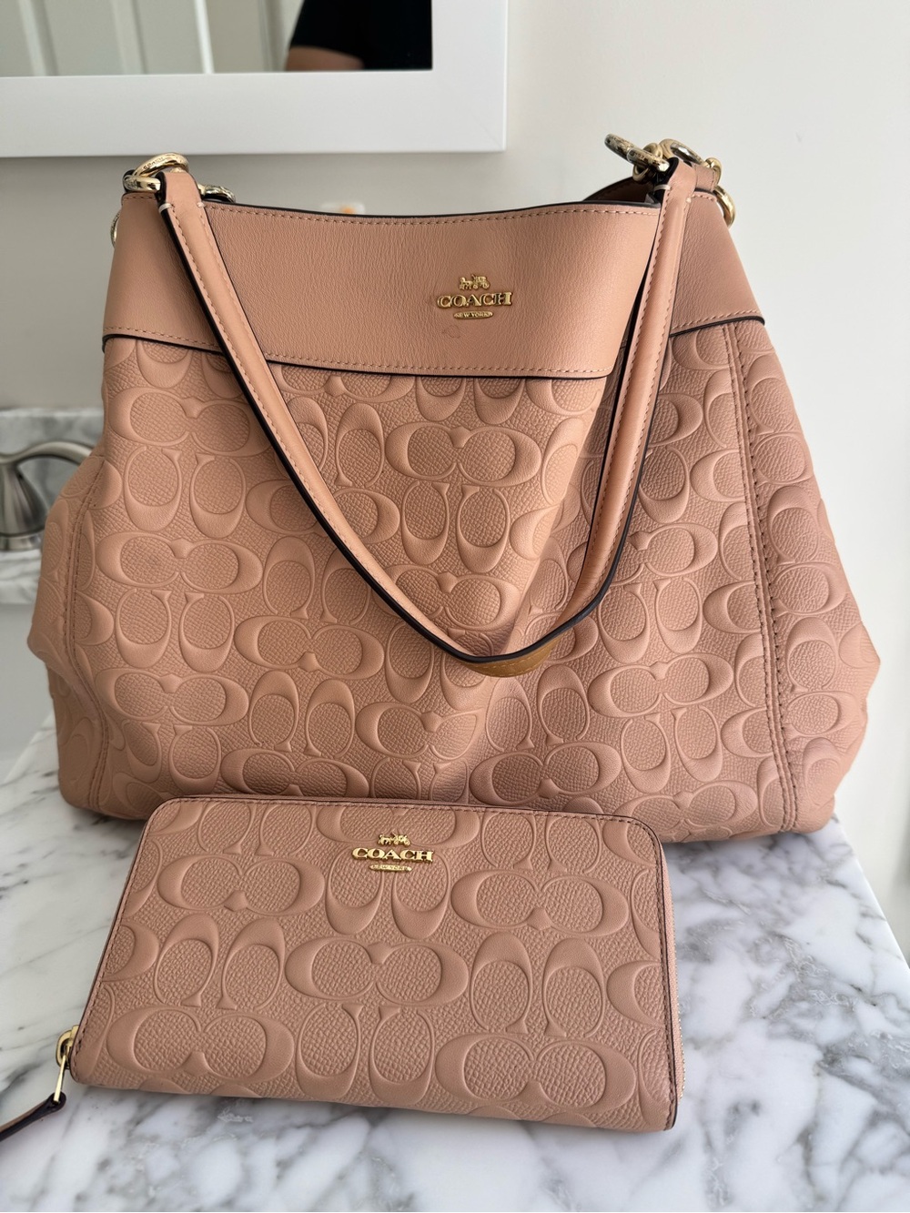 Coach Sand/Taupe/Light Pink Pebbled Signature Shoulder Tote with Matching Wallet